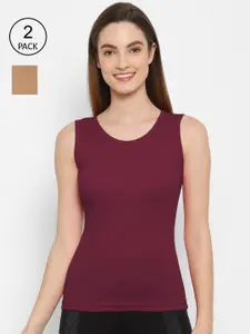 Floret Women Pack Of 2 Burgundy & Nude Solid Cotton Camisoles