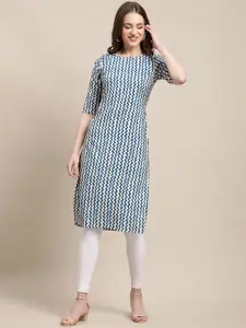 7Threads Women White Geometric Printed Crepe Kurta