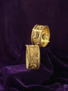 Adwitiya Collection Set of 2 24 CT Gold-Pleated Stone-Studded Bangles