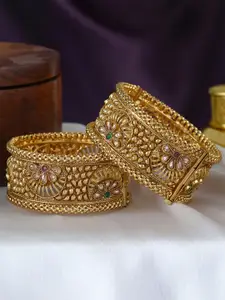 Adwitiya Collection Set of 2 24 CT Gold-Pleated Stone-Studded Bangles