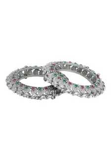 Adwitiya Collection Set Of 2 24CT Silver-Plated Pink & Green Stone-Studded Bangles