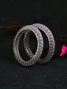 Adwitiya Collection Set Of 2 Silver-Plated & Pink CZ Studded Bangles
