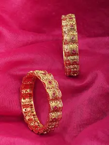 Adwitiya Collection Set Of 2 Gold-Plated Red & White Stone-Studded Bangles