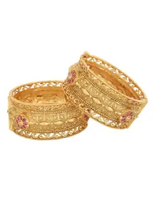 Adwitiya Collection Set of 2 24 CT Gold-Plated Red Stone-Studded Bangles