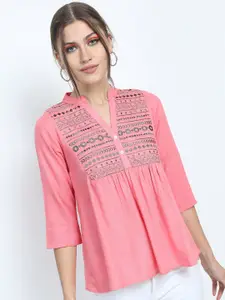 Vishudh Pink Geometric Embroidered Mandarin Collar Top