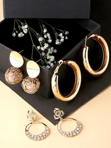 Yellow Chimes Set Of 3 Gold Plated Pearl Crystal Stud Drop Earrings