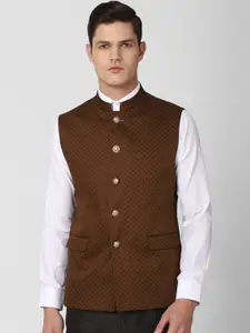 V Dot Men Brown & Black Printed Pure Cotton Woven Nehru Jacket