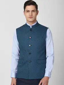 V Dot Men Navy Blue Printed Pure Cotton Nehru Jackets