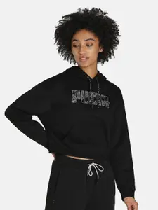 Puma Women Black Cotton Relaxed Fit Crop Hooded Sweatshirt