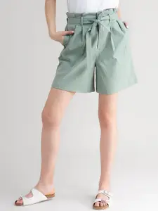 FableStreet Women Sage Green Paper Bag Shorts