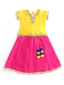 The Magic Wand Girls Yellow & Pink Ready to Wear Lehenga &