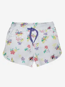 KiddoPanti Girls White Floral Printed Shorts