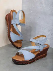 EVERLY Women Blue Textured Wedge Sandals