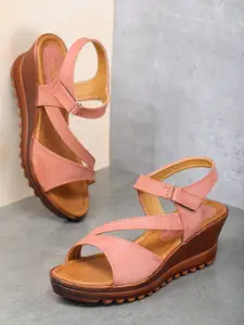 EVERLY Women Peach-Coloured Textured Wedge Sandals