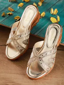 EVERLY Gold-Toned Embellished Wedge Heels