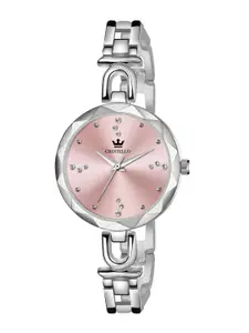 CRESTELLO Women Pink Brass Embellished Dial & Silver Toned Bracelet Style Straps Analogue Watch