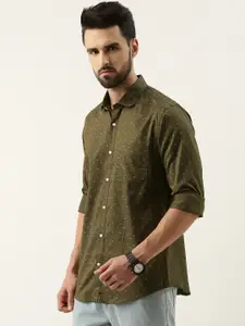 Peter England Men Olive Green Slim Fit Geometric Opaque Printed Pure Cotton Casual Shirt