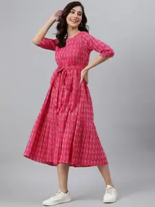 Janasya Women Pink Ethnic Motifs Printed Cotton Midi Dress