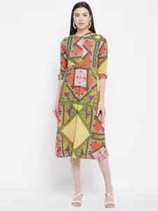 Ruhaans Women Yellow & Green Geometric Printed Midi Dress