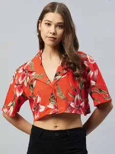 DELAN Rust & Green Floral Print Cotton Linen Shirt Style Crop Top