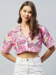 DELAN Pink & White Print Cotton Linen Shirt Style Crop Top