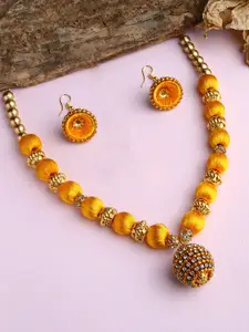 AKSHARA Gold-Plated Yellow & White Stone Studded & Beaded Silk Thread Necklace Set