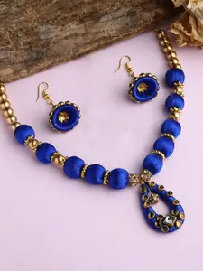 AKSHARA Gold-Plated & Blue Stone Studded & Beaded & Blue Silk Thread Necklace Set