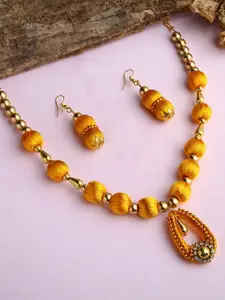 AKSHARA Gold-Plated Yellow & White Stone studded Ethnic Handcrafted Silk Thread Necklace Set
