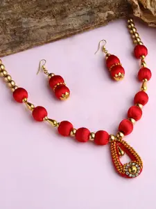 AKSHARA Gold-Plated White Beaded & Red Silk Thread Necklace Set