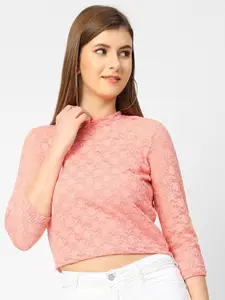 Kraus Jeans Peach-Coloured Styled Back Lace Crop Top