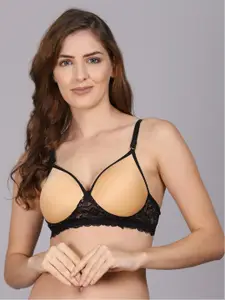 PrettyCat Beige & Black Lace T-Shirt Bra - Non-Wired Lightly Padded