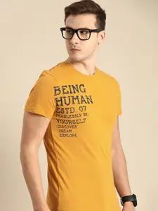 Being Human Men Mustard Yellow Typography Printed Pure Cotton T-shirt