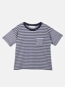 Beebay Boys Navy Blue & White Striped Pure Cotton Pockets T-shirt