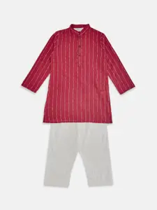 indus route by Pantaloons Boys Red Striped Pure Cotton Kurta with Pyjamas