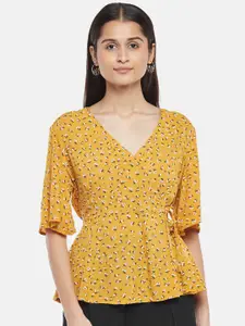Honey by Pantaloons Mustard Yellow & White Floral Printed Wrap Top