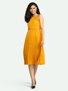 AASK Mustard Yellow Pleated Crepe Dress