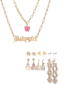 Vembley Gold-Plated & Pink Butterfly Pendant Necklace Set