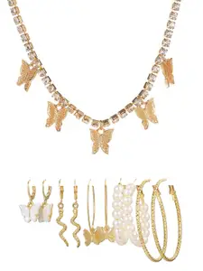Vembley Gold-Plated & Stone-Studded & Beaded Butterfly Pendant Necklace With Earrings Set