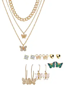 Vembley Gold-Plated Layered Studded Butterfly Pendant Necklace With Earrings Set