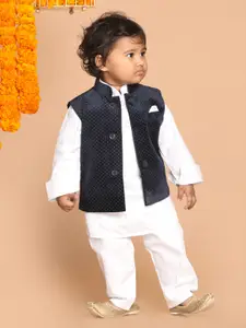 VASTRAMAY Boys Navy Blue & White Printed Velvet Nehru Jacket