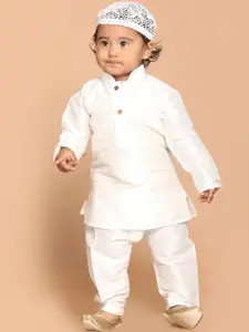 VASTRAMAY Infant Boys White Silk Blend Solid Kurta & Pyjamas