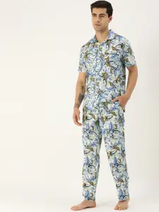 Bene Kleed Men White & Blue Floral Print Pure Cotton Pyjamas Set