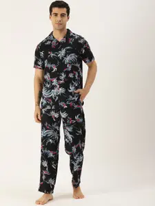 Bene Kleed Men Black & Grey Tropical Print Pure Cotton Pyjamas Set
