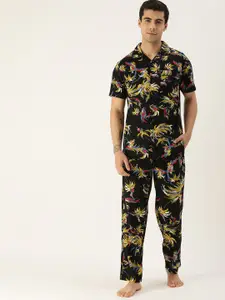Bene Kleed Men Black & Mustard Yellow Tropical Print Pure Cotton Pyjamas Set