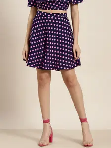 Qurvii Women Navy Blue & Pink Polka Dots Printed A-Line Skirt
