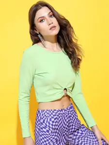 Tokyo Talkies Women Gorgeous Green Solid Fitted Crop Cut Out Top
