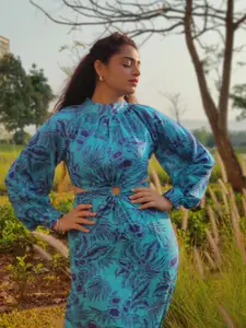 Tokyo Talkies Turquoise Blue Tropical Sheath Cut Outs Ring Detail Dress