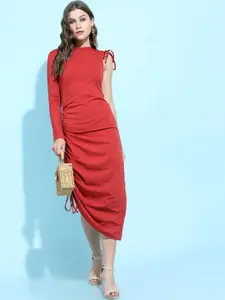 Tokyo Talkies Red One Shoulder Asymmetric Ruched Sheath Midi Dress