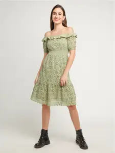 Zink London Green Off-Shoulder A-Line Dress