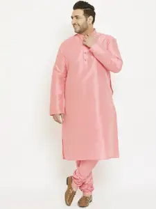 SG LEMAN Plus Men Peach-Coloured Angrakha Raw Silk Kurta with Churidar